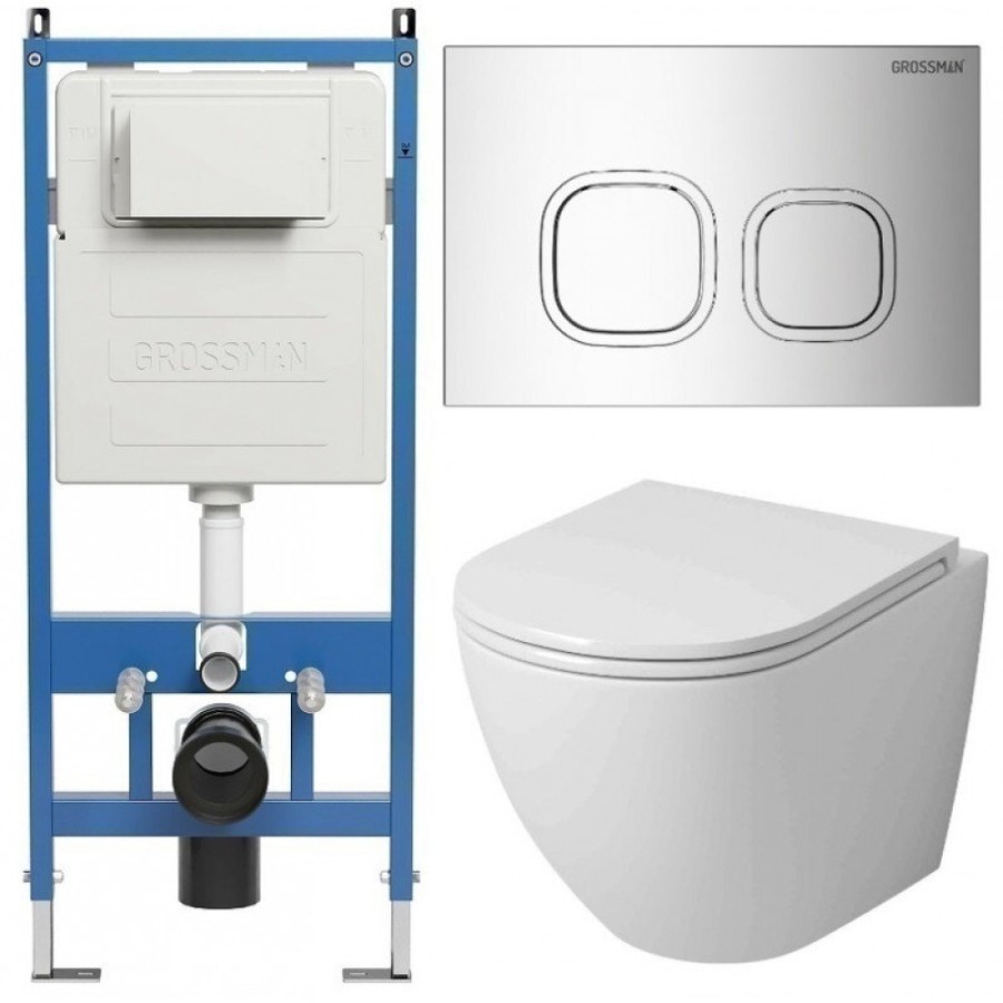 Комплект Grossman Cosmo 97.4455SQ.02.100, инсталляция 900.K31.01.000 с безободковым унитазом GR-4455SQ белый, смыв торнадо, сиденье микролифт, клавиша смыва хром глянцевый 700.K31.02.100.100