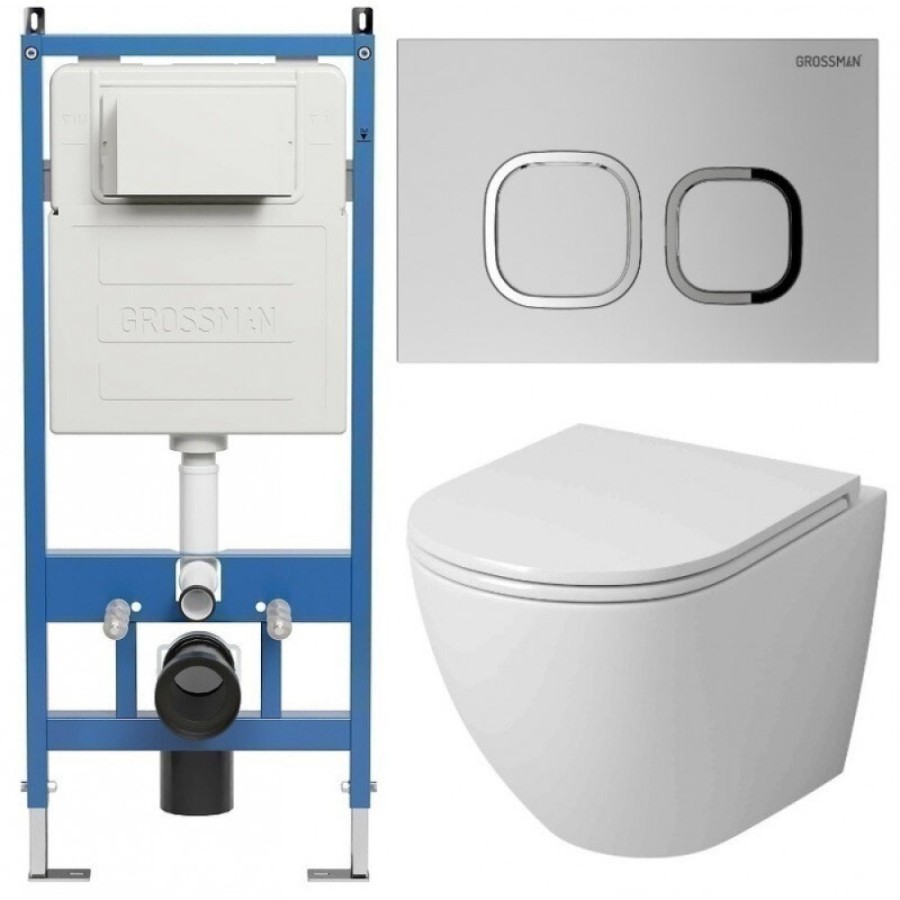Комплект Grossman Cosmo 97.4455SQ.02.110, инсталляция 900.K31.01.000 с безободковым унитазом GR-4455SQ белый, смыв торнадо, сиденье микролифт, клавиша смыва хром матовый 700.K31.02.110.110