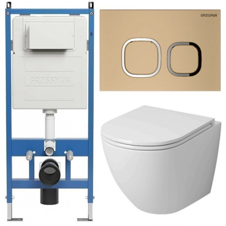 Комплект Grossman Cosmo 97.4455SQ.02.310, инсталляция 900.K31.01.000 с безободковым унитазом GR-4455SQ белый, смыв торнадо, сиденье микролифт, клавиша смыва золото матовое 700.K31.02.310.310