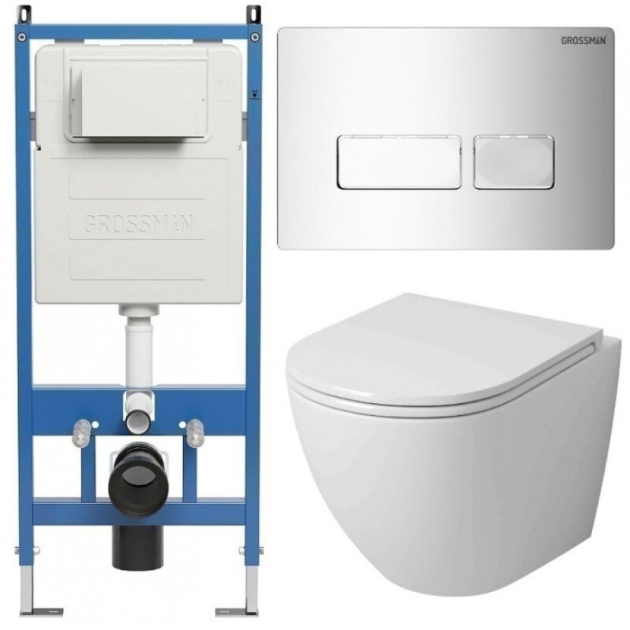 Комплект Grossman Pragma 97.4455SQ.03.100, инсталляция 900.K31.01.000 с безободковым унитазом GR-4455SQ белый, смыв торнадо, сиденье микролифт, клавиша смыва хром глянцевый 700.K31.03.100.100