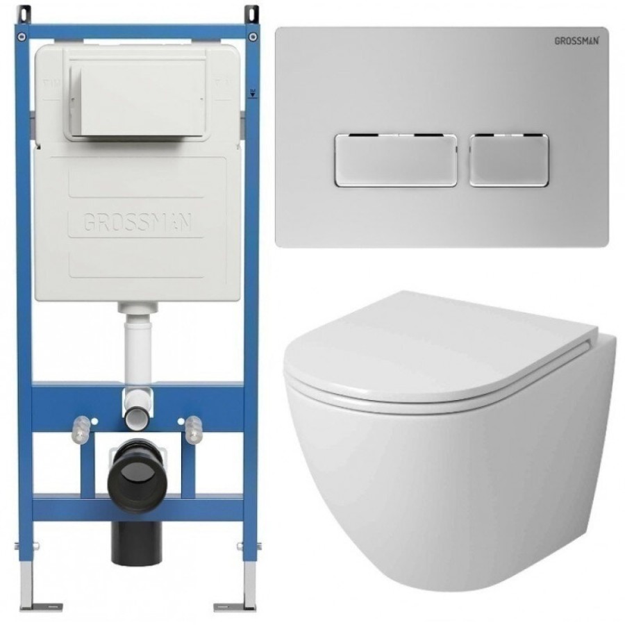 Комплект Grossman Pragma 97.4455SQ.03.110, инсталляция 900.K31.01.000 с безободковым унитазом GR-4455SQ белый, смыв торнадо, сиденье микролифт, клавиша смыва хром матовый 700.K31.03.110.110