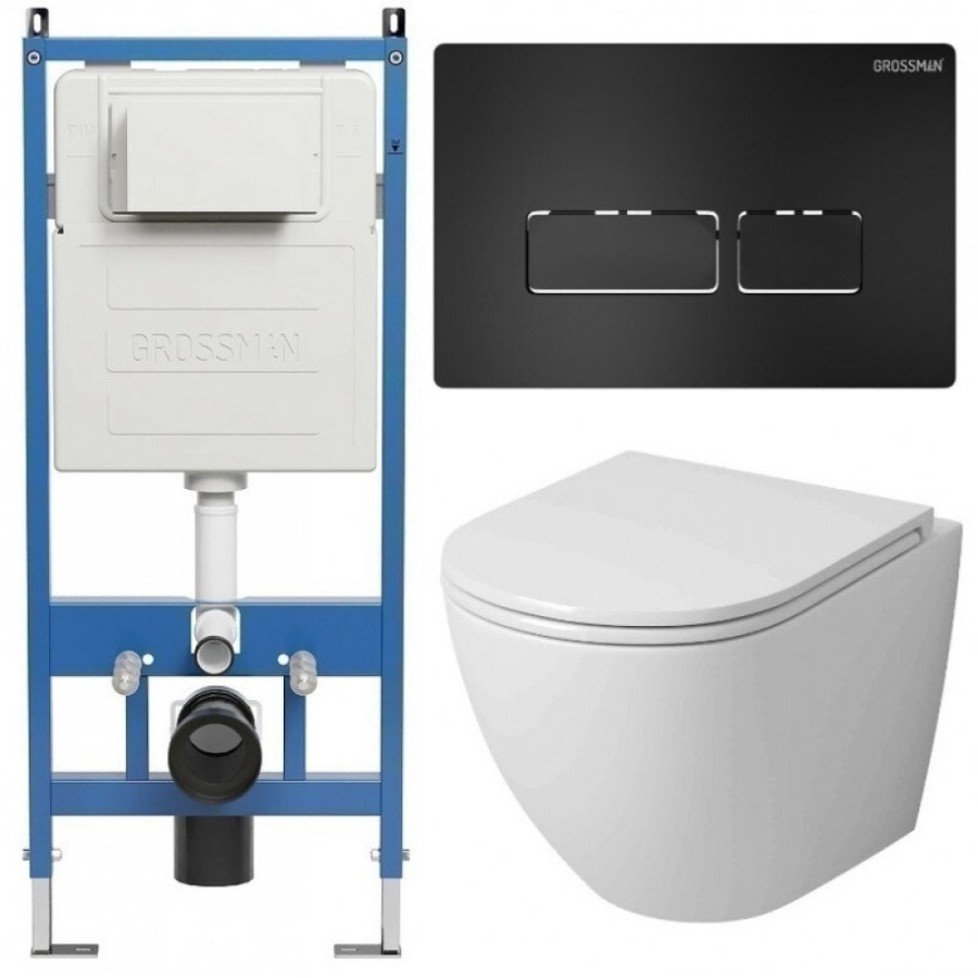 Комплект Grossman Pragma 97.4455SQ.03.210, инсталляция 900.K31.01.000 с безободковым унитазом GR-4455SQ белый, смыв торнадо, сиденье микролифт, клавиша смыва черная матовая 700.K31.03.210.210