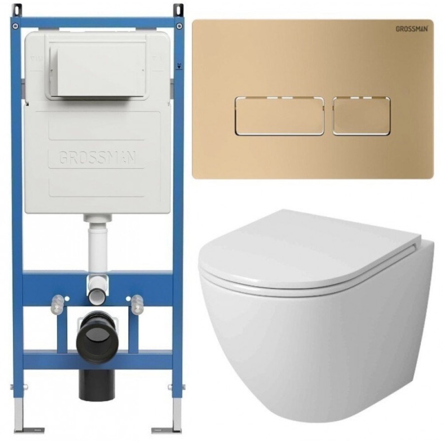 Комплект Grossman Pragma 97.4455SQ.03.310, инсталляция 900.K31.01.000 с безободковым унитазом GR-4455SQ белый, смыв торнадо, сиденье микролифт, клавиша смыва золото матовое 700.K31.03.310.310