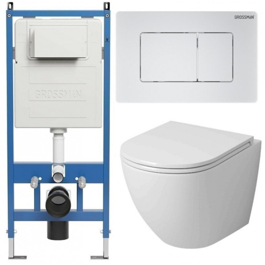 Комплект Grossman Classic 97.4455SQ.04.01M, инсталляция 900.K31.01.000 с безободковым унитазом GR-4455SQ белый, смыв торнадо, сиденье микролифт, клавиша смыва белая матовая 700.K31.04.01M.01M