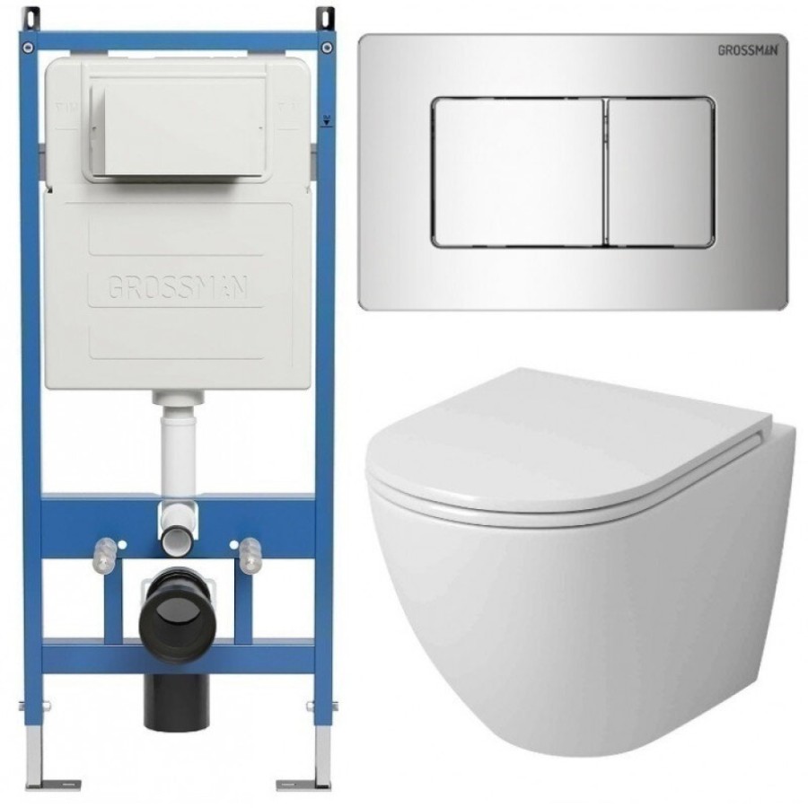 Комплект Grossman Classic 97.4455SQ.04.10M, инсталляция 900.K31.01.000 с безободковым унитазом GR-4455SQ белый, смыв торнадо, сиденье микролифт, клавиша смыва хром глянцевый 700.K31.04.10M.10M
