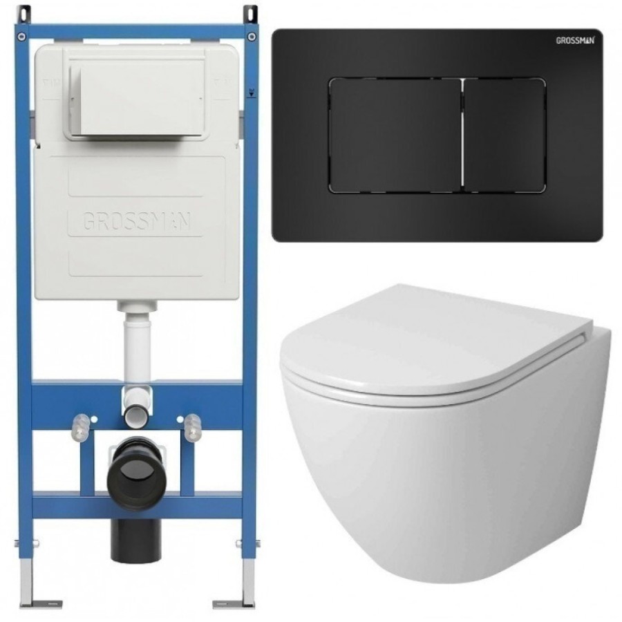 Комплект Grossman Classic 97.4455SQ.04.21M, инсталляция 900.K31.01.000 с безободковым унитазом GR-4455SQ белый, смыв торнадо, сиденье микролифт, клавиша смыва черная матовая 700.K31.04.21M.21M