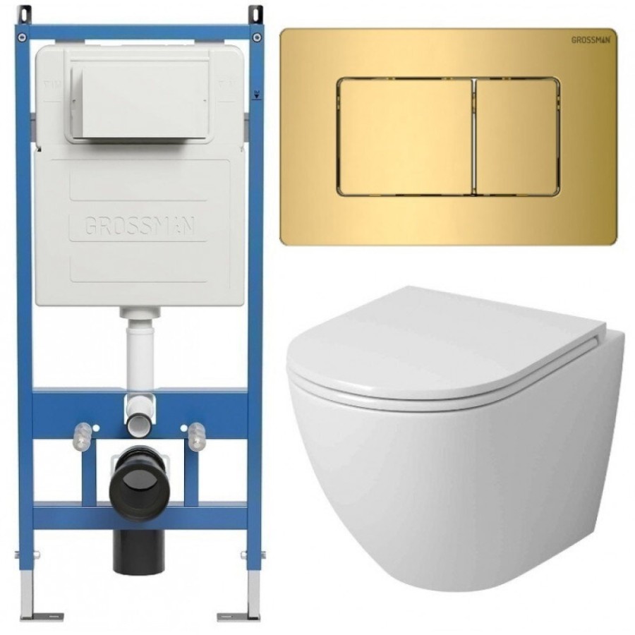 Комплект Grossman Classic 97.4455SQ.04.30M, инсталляция 900.K31.01.000 с безободковым унитазом GR-4455SQ белый, смыв торнадо, сиденье микролифт, клавиша смыва золото глянцевое 700.K31.04.30M.30M