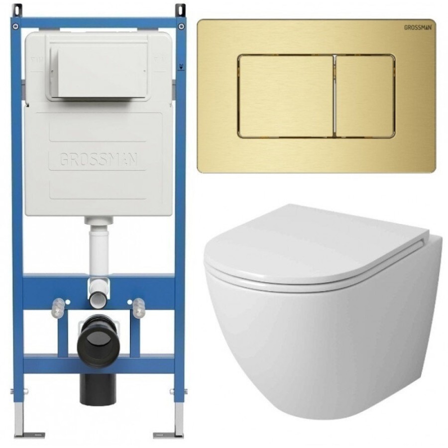Комплект Grossman Classic 97.4455SQ.04.32M, инсталляция 900.K31.01.000 с безободковым унитазом GR-4455SQ белый, смыв торнадо, сиденье микролифт, клавиша смыва золото сатин 700.K31.04.32M.32M
