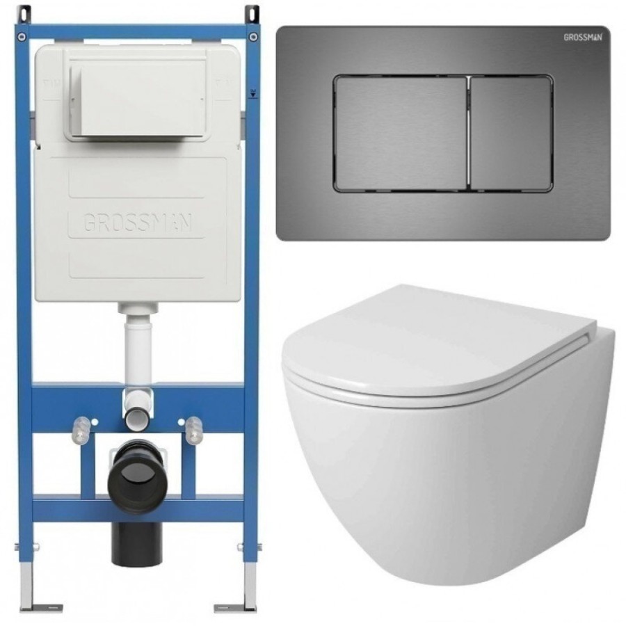 Комплект Grossman Classic 97.4455SQ.04.42M, инсталляция 900.K31.01.000 с безободковым унитазом GR-4455SQ белый, смыв торнадо, сиденье микролифт, клавиша смыва графит сатин 700.K31.04.42M.42M
