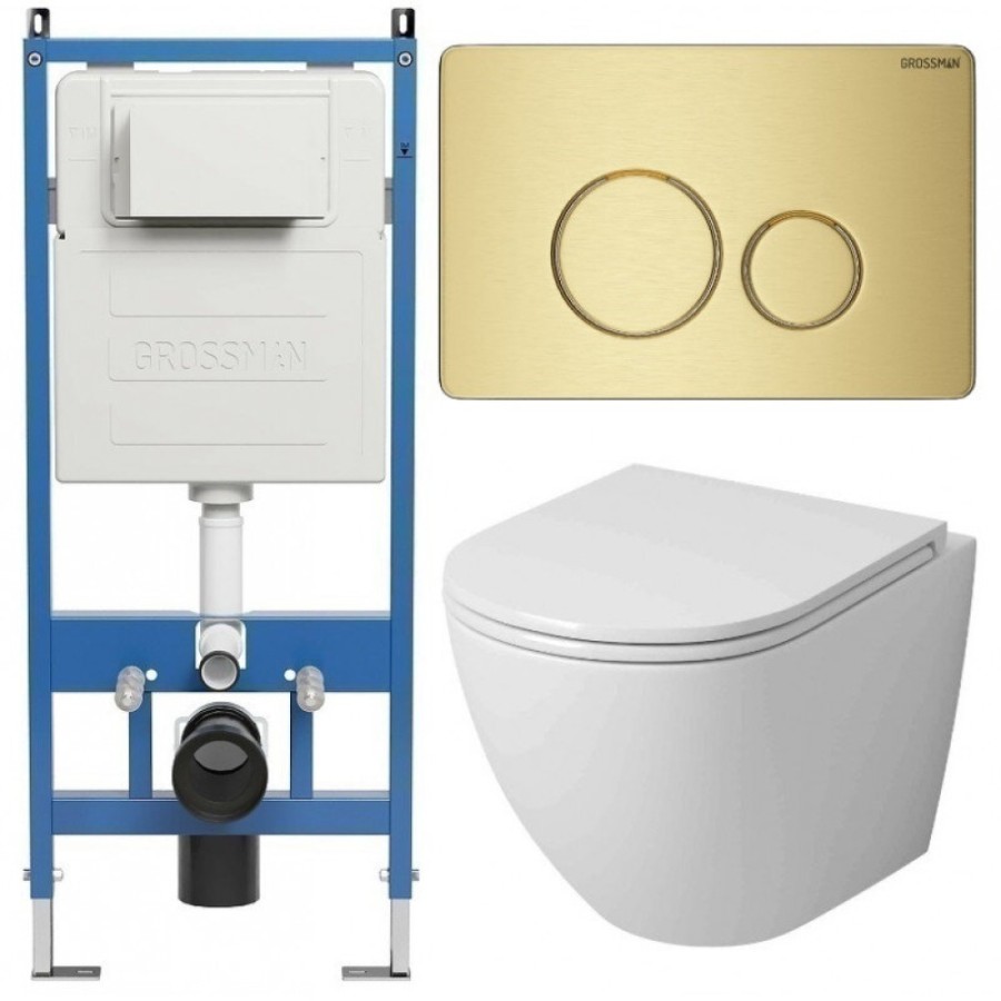 Комплект Grossman Style 97.4455SQ.05.32M, инсталляция 900.K31.01.000 с безободковым унитазом GR-4455SQ белый, смыв торнадо, сиденье микролифт, клавиша смыва золото сатин 700.K31.05.32M.32M