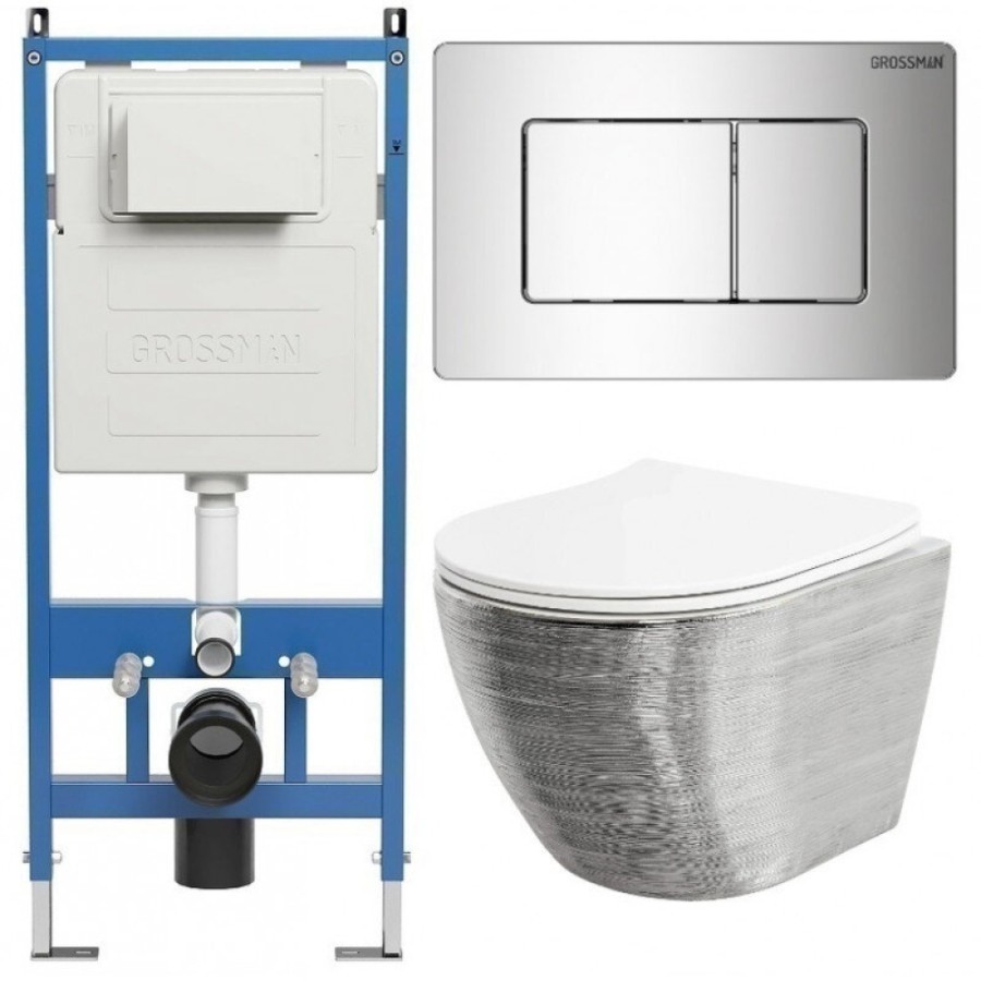 Комплект Grossman Classic 97.4455SWS.04.10M, инсталляция 900.K31.01.000 с безободковым унитазом GR-4455SWS серебро, сиденье микролифт, клавиша смыва хром глянцевый 700.K31.04.10M.10M