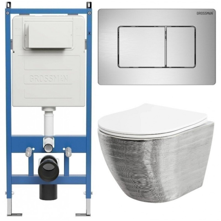 Комплект Grossman Classic 97.4455SWS.04.12M, инсталляция 900.K31.01.000 с безободковым унитазом GR-4455SWS серебро, сиденье микролифт, клавиша смыва хром сатин 97.4455SWS.04.12M