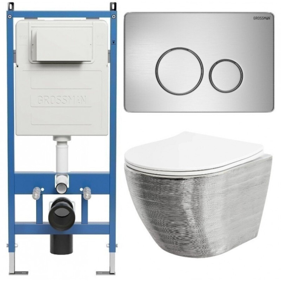 Комплект Grossman Style 97.4455SWS.05.12M, инсталляция 900.K31.01.000 с безободковым унитазом GR-4455SWS серебро, сиденье микролифт, клавиша смыва хром сатин 700.K31.05.12M.12M
