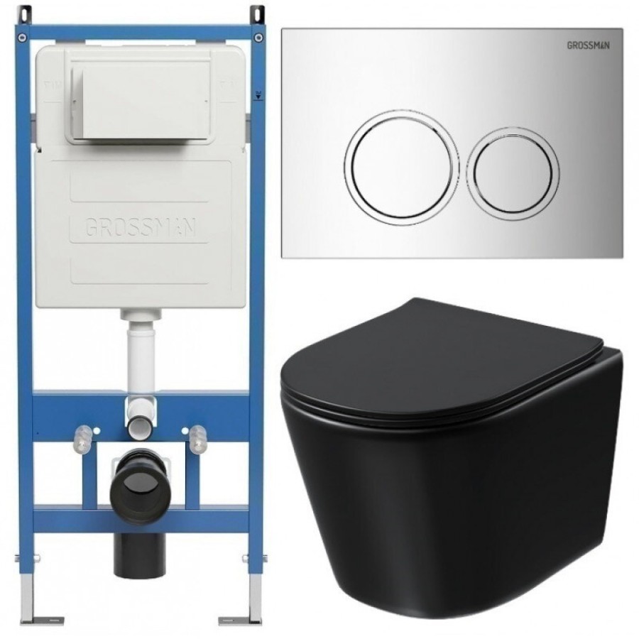 Комплект Grossman Galaxy 97.4477BMSQ.01.100, инсталляция 900.K31.01.000 с безободковым унитазом GR-4477BMSQ черный матовый, смыв торнадо, сиденье микролифт, клавиша смыва хром глянцевый 700.K31.01.100.100