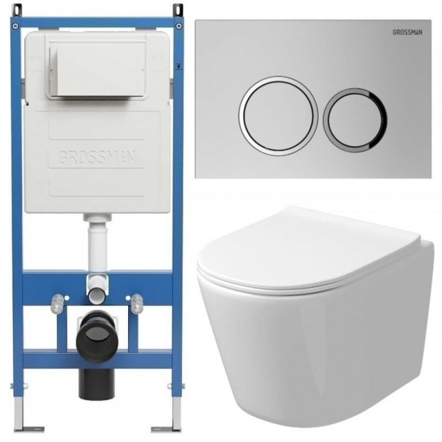 Комплект Grossman Galaxy 97.4477SQ.01.110, инсталляция 900.K31.01.000 с безободковым унитазом GR-4477SQ белый, смыв торнадо, сиденье микролифт, клавиша смыва хром матовый 700.K31.01.110.110