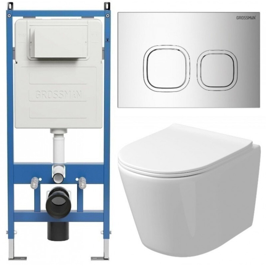 Комплект Grossman Cosmo 97.4477SQ.02.100, инсталляция 900.K31.01.000 с безободковым унитазом GR-4477SQ белый, смыв торнадо, сиденье микролифт, клавиша смыва хром глянцевый 700.K31.02.100.100