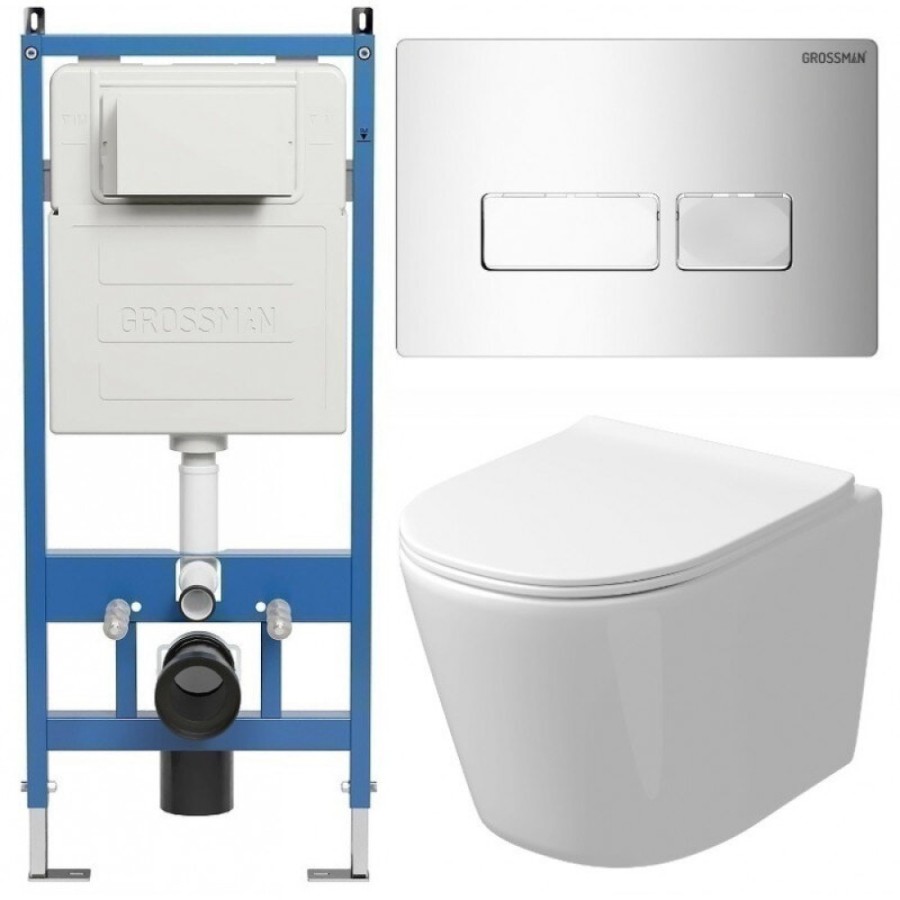 Комплект Grossman Pragma 97.4477SQ.03.100, инсталляция 900.K31.01.000 с безободковым унитазом GR-4477SQ белый, смыв торнадо, сиденье микролифт, клавиша смыва хром глянцевый 700.K31.03.100.100