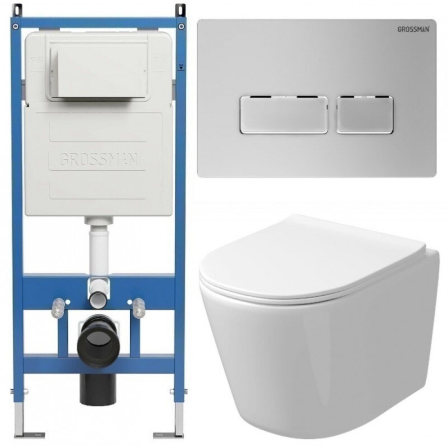 Комплект Grossman Pragma 97.4477SQ.03.110, инсталляция 900.K31.01.000 с безободковым унитазом GR-4477SQ белый, смыв торнадо, сиденье микролифт, клавиша смыва хром матовый 700.K31.03.110.110