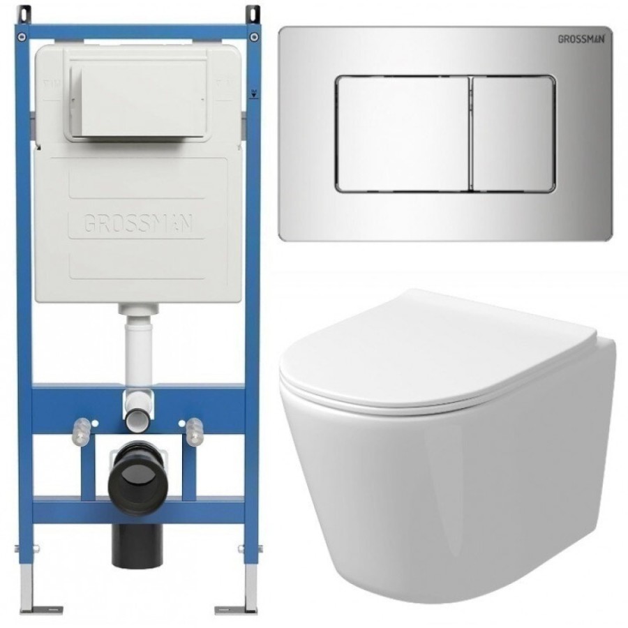 Комплект Grossman Classic 97.4477SQ.04.10M, инсталляция 900.K31.01.000 с безободковым унитазом GR-4477SQ белый, смыв торнадо, сиденье микролифт, клавиша смыва хром глянцевый 700.K31.04.10M.10M