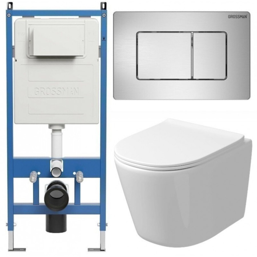 Комплект Grossman Classic 97.4477SQ.04.12M, инсталляция 900.K31.01.000 с безободковым унитазом GR-4477SQ белый, смыв торнадо, сиденье микролифт, клавиша смыва хром сатин 700.K31.04.12M.12M