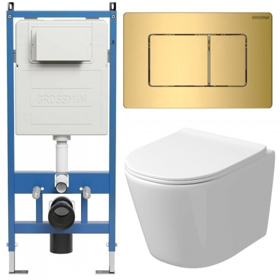 Комплект Grossman Classic 97.4477SQ.04.30M, инсталляция 900.K31.01.000 с безободковым унитазом GR-4477SQ белый, смыв торнадо, сиденье микролифт, клавиша смыва золото глянцевое 700.K31.04.30M.30M