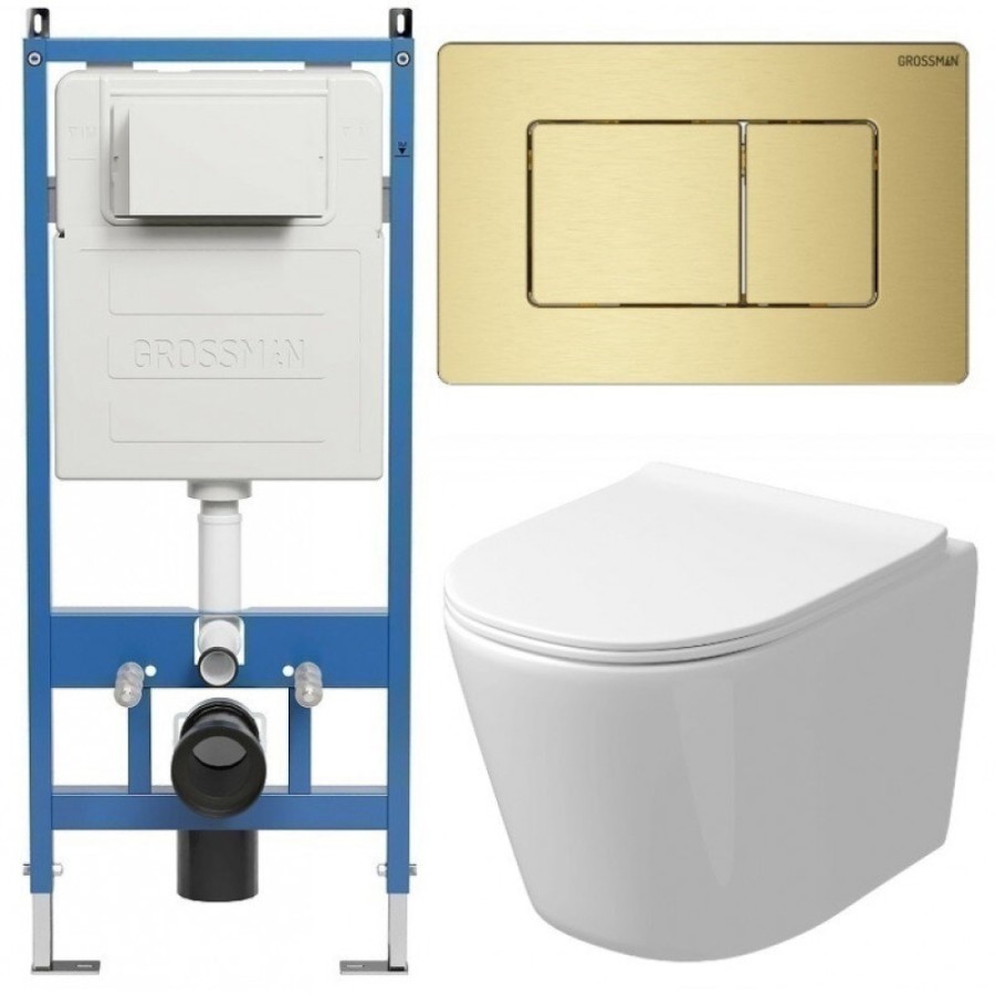 Комплект Grossman Classic 97.4477SQ.04.32M, инсталляция 900.K31.01.000 с безободковым унитазом GR-4477SQ белый, смыв торнадо, сиденье микролифт, клавиша смыва золото сатин 700.K31.04.32M.32M