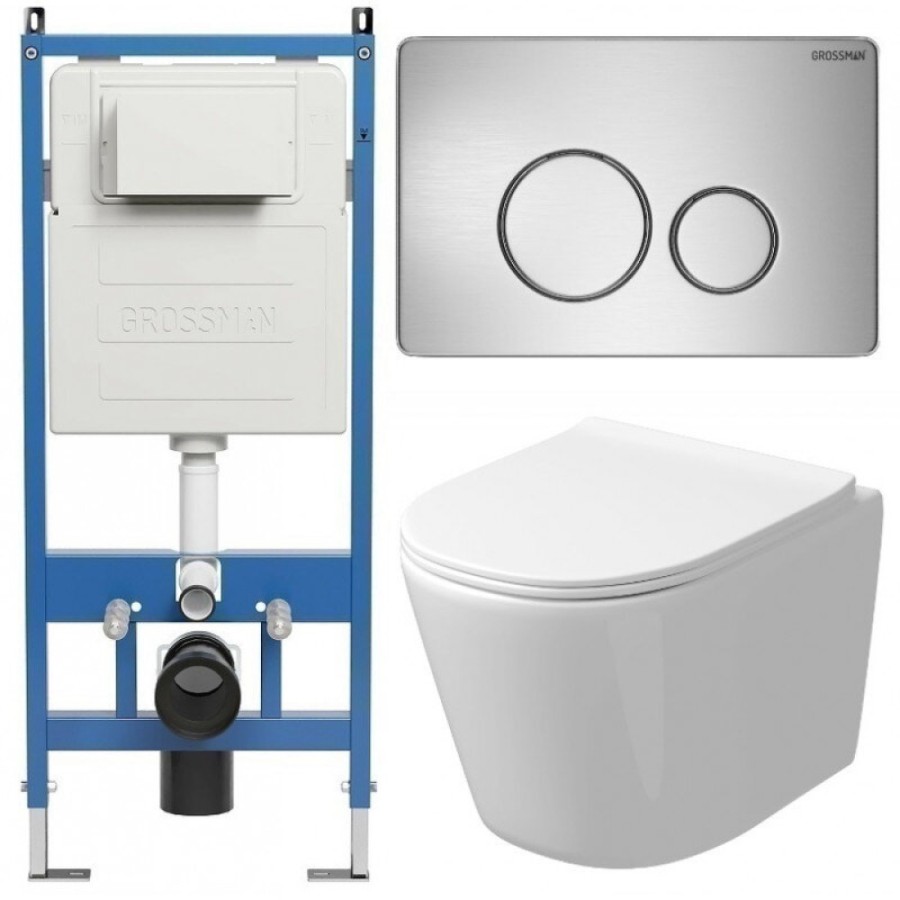 Комплект Grossman Style 97.4477SQ.05.12M, инсталляция 900.K31.01.000 с безободковым унитазом GR-4477SQ белый, смыв торнадо, сиденье микролифт, клавиша смыва хром сатин 700.K31.05.12M.12M
