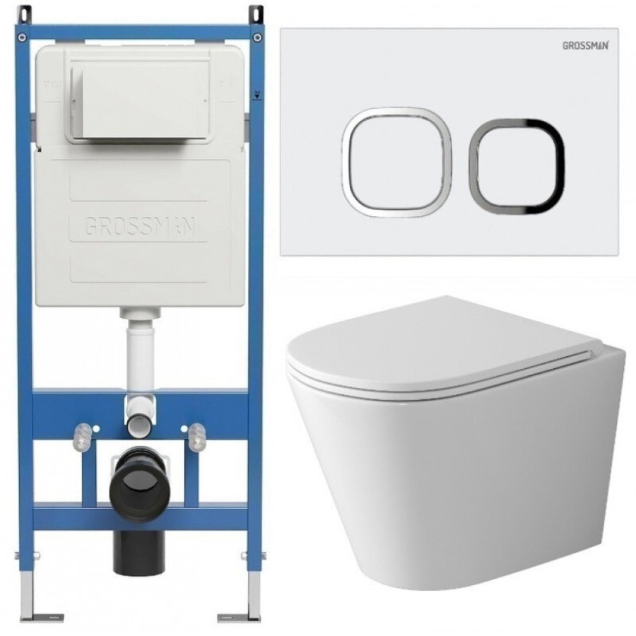 Комплект Grossman Cosmo 97.4478SQ.02.000, инсталляция 900.K31.01.000 с безободковым унитазом GR-4478SQ белый, смыв торнадо, сиденье микролифт, клавиша смыва белая глянцевая 700.K31.02.000.000
