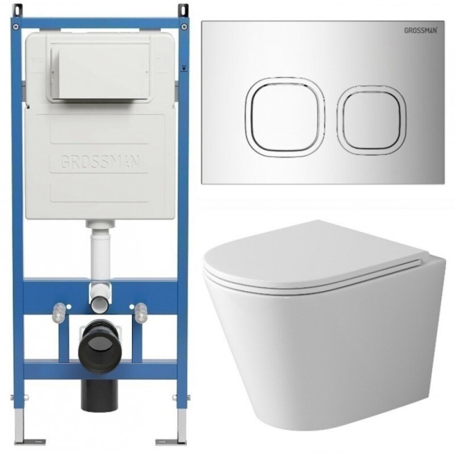 Комплект Grossman Cosmo 97.4478SQ.02.100, инсталляция 900.K31.01.000 с безободковым унитазом GR-4478SQ белый, смыв торнадо, сиденье микролифт, клавиша смыва хром глянцевый 700.K31.02.100.100