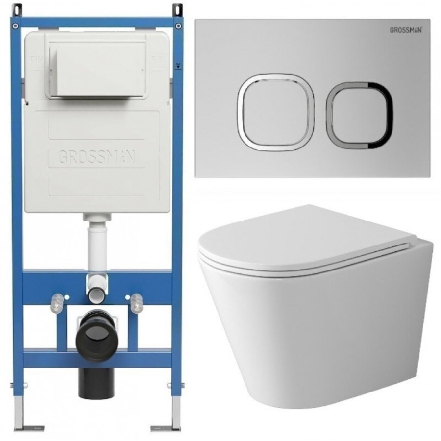 Комплект Grossman Cosmo 97.4478SQ.02.110, инсталляция 900.K31.01.000 с безободковым унитазом GR-4478SQ белый, смыв торнадо, сиденье микролифт, клавиша смыва хром матовый 700.K31.02.110.110