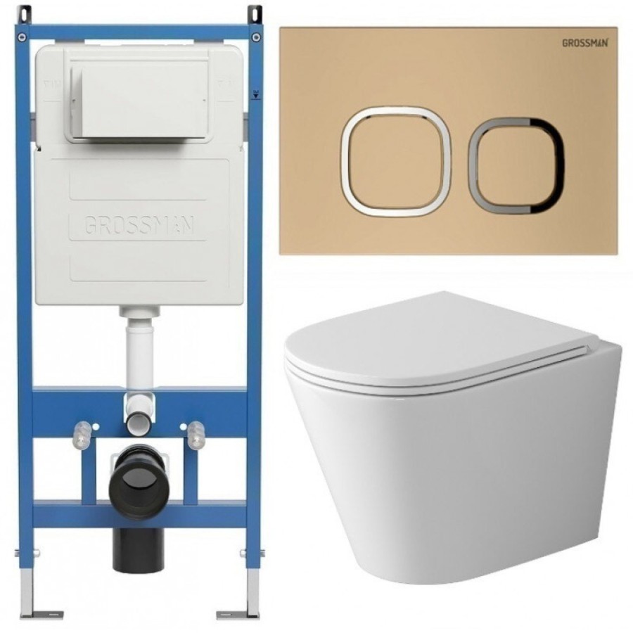 Комплект Grossman Cosmo 97.4478SQ.02.310, инсталляция 900.K31.01.000 с безободковым унитазом GR-4478SQ белый, смыв торнадо, сиденье микролифт, клавиша смыва золото матовое 700.K31.02.310.310