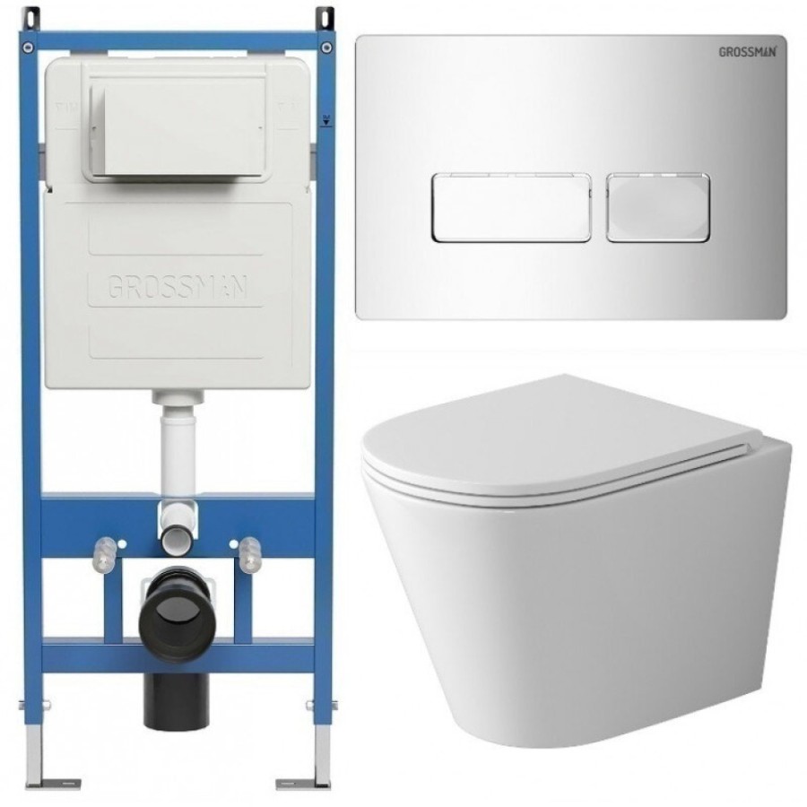Комплект Grossman Pragma 97.4478SQ.03.100, инсталляция 900.K31.01.000 с безободковым унитазом GR-4478SQ белый, смыв торнадо, сиденье микролифт, клавиша смыва хром глянцевый 700.K31.03.100.100