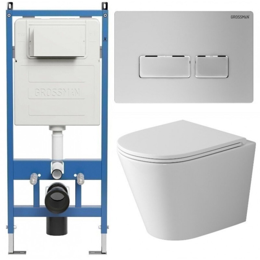 Комплект Grossman Pragma 97.4478SQ.03.110, инсталляция 900.K31.01.000 с безободковым унитазом GR-4478SQ белый, смыв торнадо, сиденье микролифт, клавиша смыва хром матовый 700.K31.03.110.110