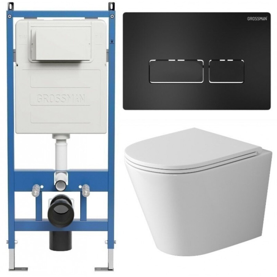 Комплект Grossman Pragma 97.4478SQ.03.210, инсталляция 900.K31.01.000 с безободковым унитазом GR-4478SQ белый, смыв торнадо, сиденье микролифт, клавиша смыва черная матовая 700.K31.03.210.210