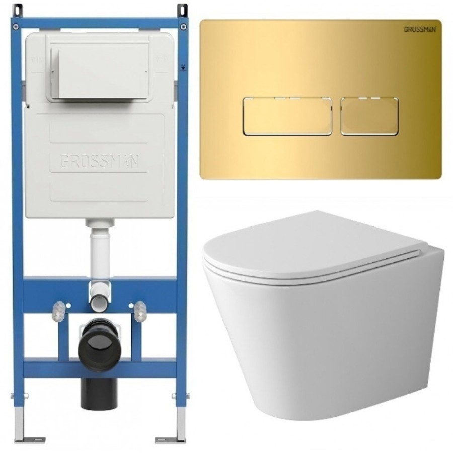 Комплект Grossman Pragma 97.4478SQ.03.300, инсталляция 900.K31.01.000 с безободковым унитазом GR-4478SQ белый, смыв торнадо, сиденье микролифт, клавиша смыва золото глянцевое 700.K31.03.300.300