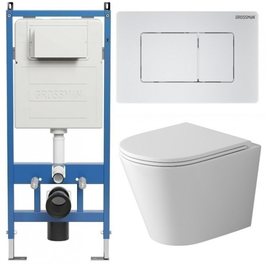 Комплект Grossman Classic 97.4478SQ.04.01M, инсталляция 900.K31.01.000 с безободковым унитазом GR-4478SQ белый, смыв торнадо, сиденье микролифт, клавиша смыва белая матовая 700.K31.04.01M.01M