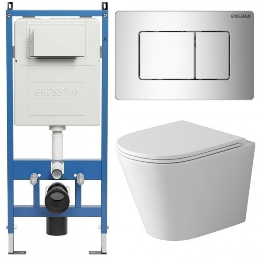 Комплект Grossman Classic 97.4478SQ.04.10M, инсталляция 900.K31.01.000 с безободковым унитазом GR-4478SQ белый, смыв торнадо, сиденье микролифт, клавиша смыва хром глянцевый 700.K31.04.10M.10M
