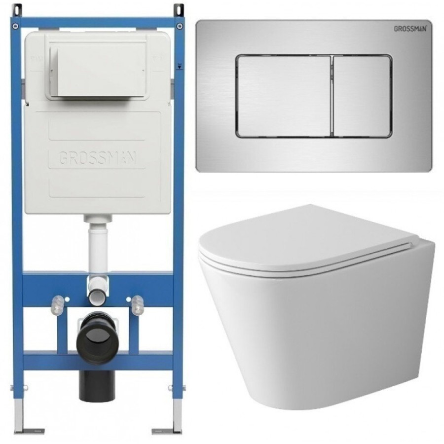 Комплект Grossman Classic 97.4478SQ.04.12M, инсталляция 900.K31.01.000 с безободковым унитазом GR-4478SQ белый, смыв торнадо, сиденье микролифт, клавиша смыва хром сатин 700.K31.04.12M.12M