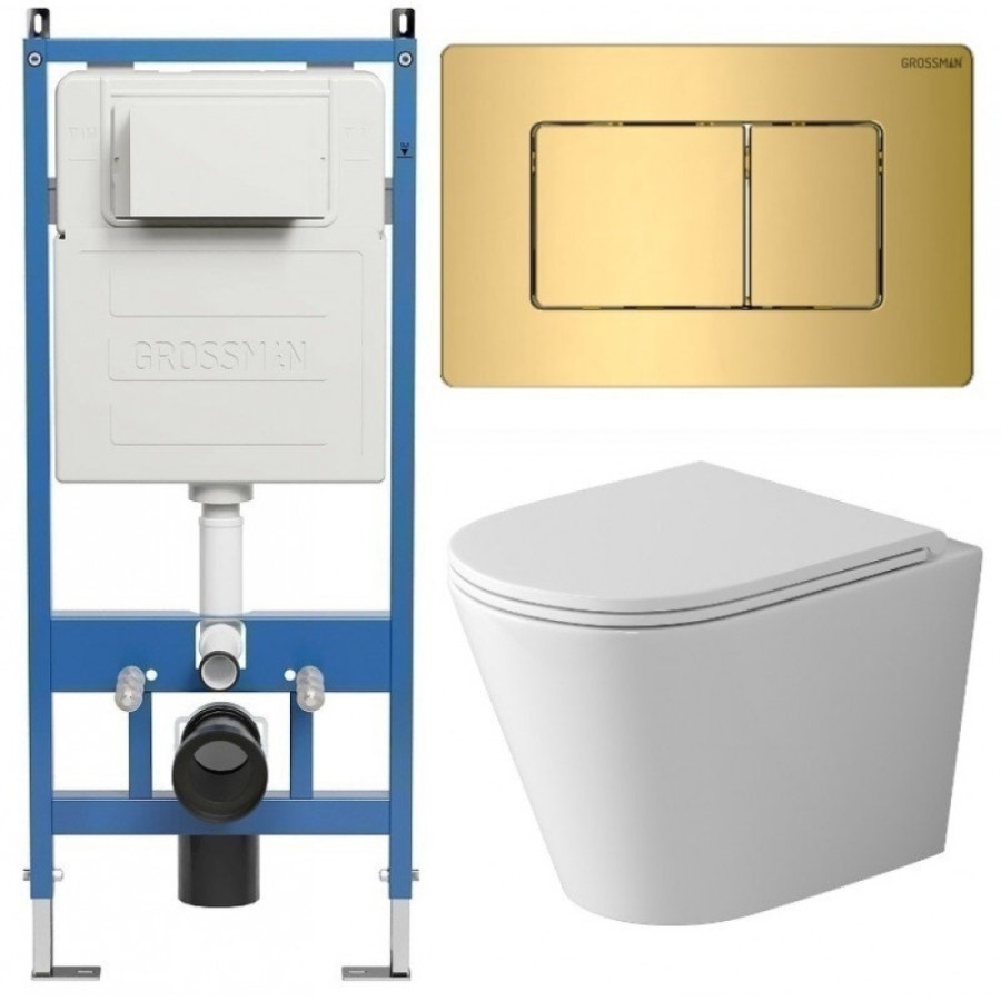 Комплект Grossman Classic 97.4478SQ.04.30M, инсталляция 900.K31.01.000 с безободковым унитазом GR-4478SQ белый, смыв торнадо, сиденье микролифт, клавиша смыва золото глянцевое 700.K31.04.30M.30M