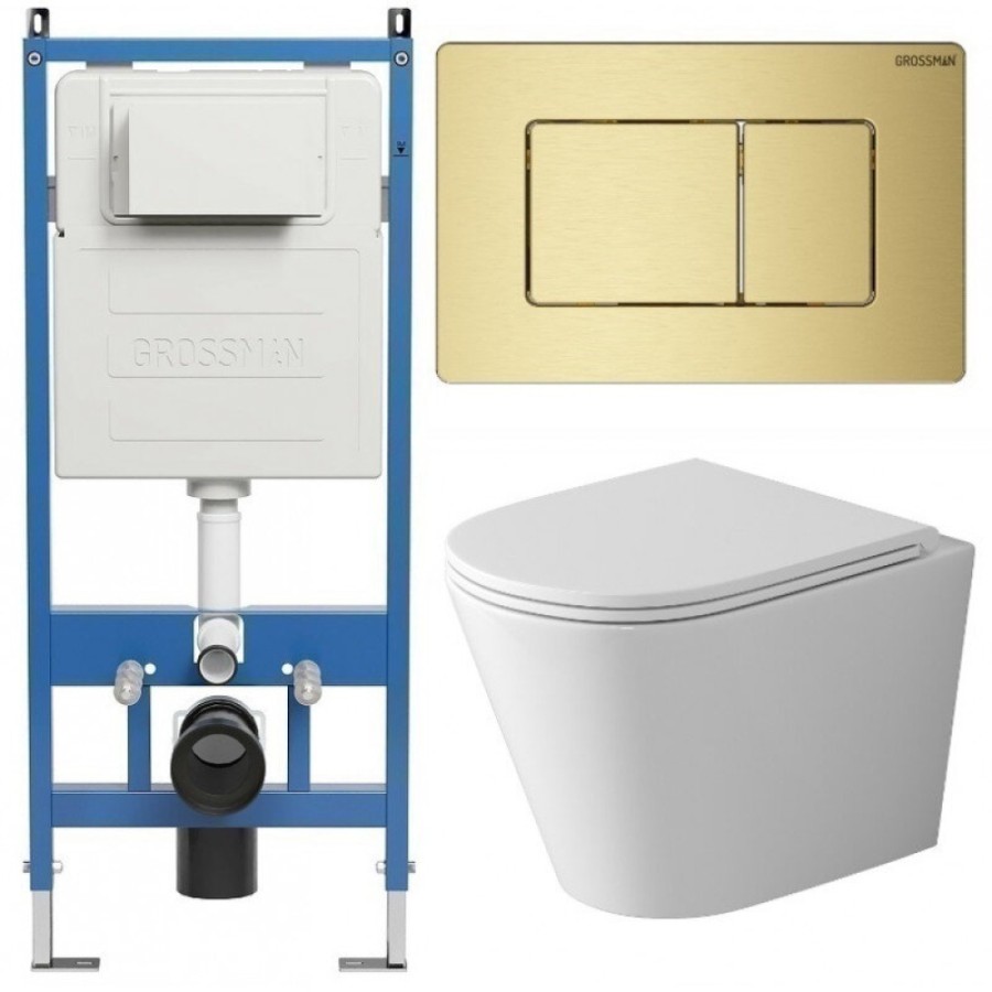 Комплект Grossman Classic 97.4478SQ.04.32M, инсталляция 900.K31.01.000 с безободковым унитазом GR-4478SQ белый, смыв торнадо, сиденье микролифт, клавиша смыва золото сатин 700.K31.04.32M.32M