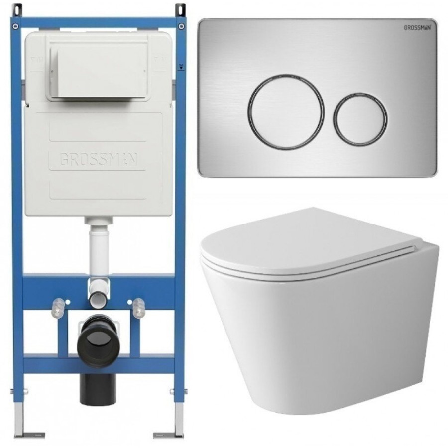 Комплект Grossman Style 97.4478SQ.05.12M, инсталляция 900.K31.01.000 с безободковым унитазом GR-4478SQ белый, смыв торнадо, сиденье микролифт, клавиша смыва хром сатин 700.K31.05.12M.12M
