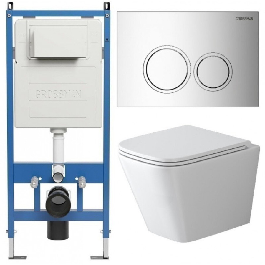 Комплект Grossman Galaxy 97.4479SQ.01.100, инсталляция 900.K31.01.000 с безободковым унитазом GR-4479SQ белый, смыв торнадо, сиденье микролифт, клавиша смыва хром глянцевый 700.K31.01.100.100
