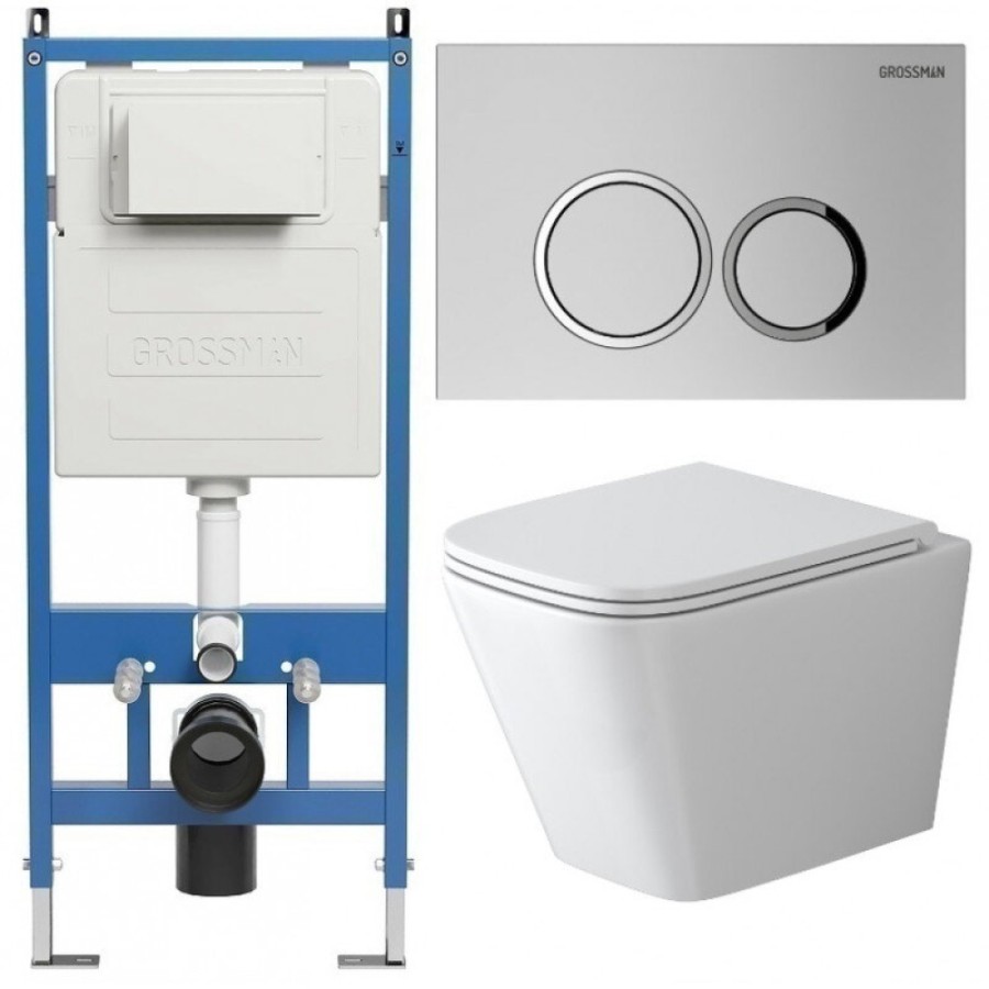 Комплект Grossman Galaxy 97.4479SQ.01.110, инсталляция 900.K31.01.000 с безободковым унитазом GR-4479SQ белый, смыв торнадо, сиденье микролифт, клавиша смыва хром матовый 700.K31.01.110.110