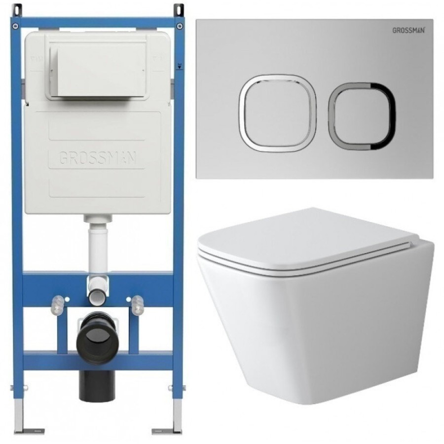 Комплект Grossman Cosmo 97.4479SQ.02.110, инсталляция 900.K31.01.000 с безободковым унитазом GR-4479SQ белый, смыв торнадо, сиденье микролифт, клавиша смыва хром матовый 700.K31.02.110.110