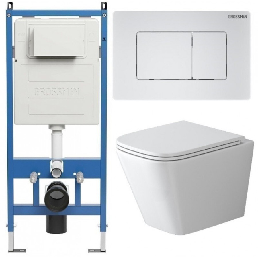 Комплект Grossman Classic 97.4479SQ.04.01M, инсталляция 900.K31.01.000 с безободковым унитазом GR-4479SQ белый, смыв торнадо, сиденье микролифт, клавиша смыва белая матовая 700.K31.04.01M.01