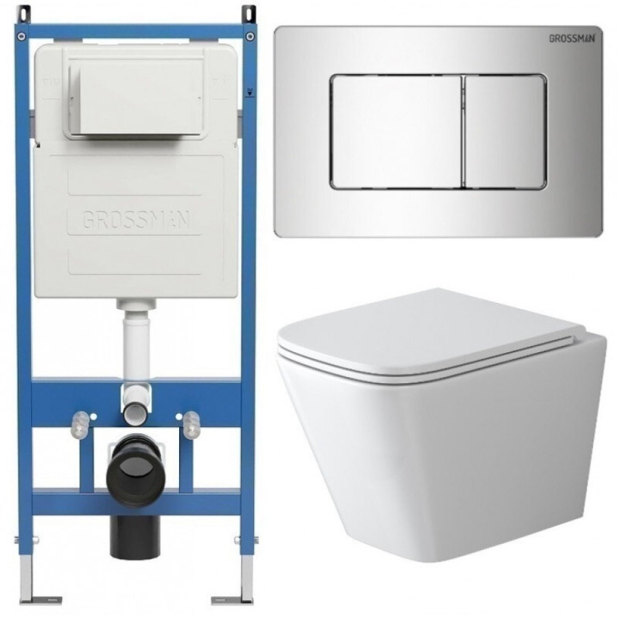 Комплект Grossman Classic 97.4479SQ.04.10M, инсталляция 900.K31.01.000 с безободковым унитазом GR-4479SQ белый, смыв торнадо, сиденье микролифт, клавиша смыва хром глянцевый 700.K31.04.10M.10M