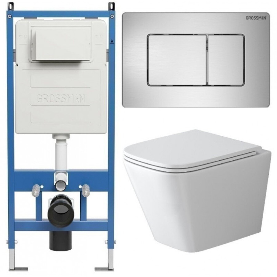 Комплект Grossman Classic 97.4479SQ.04.12M, инсталляция 900.K31.01.000 с безободковым унитазом GR-4479SQ белый, смыв торнадо, сиденье микролифт, клавиша смыва хром сатин 700.K31.04.12M.12M