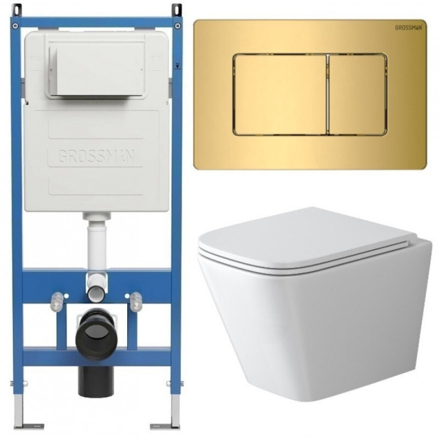 Комплект Grossman Classic 97.4479SQ.04.30M, инсталляция 900.K31.01.000 с безободковым унитазом GR-4479SQ белый, смыв торнадо, сиденье микролифт, клавиша смыва золото глянцевое 700.K31.04.30M.30M