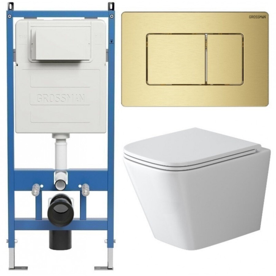 Комплект Grossman Classic 97.4479SQ.04.32M, инсталляция 900.K31.01.000 с безободковым унитазом GR-4479SQ белый, смыв торнадо, сиденье микролифт, клавиша смыва золото сатин 700.K31.04.32M.32M