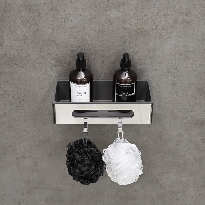 Полка для душа Lemark Shelf line, 9771043, 30 см, с крючками, хром/графит